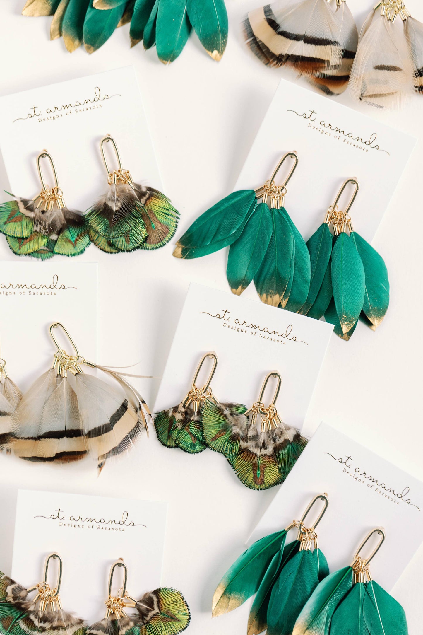 Emerald Gold Dipped Fall Feather Tassel Statement Earrings