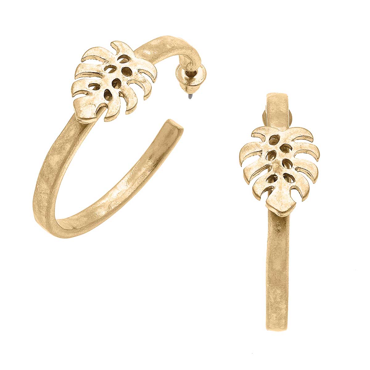 Monstera Leaf Hoop Earrings in Worn Gold