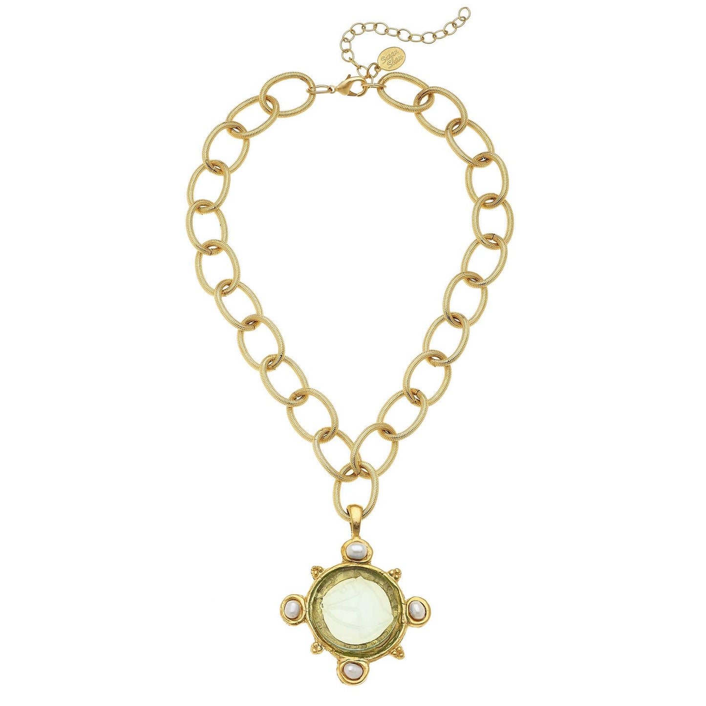 Clear Venetian Glass Horse Intaglio and Genuine Freshwater Pearls on Chain Necklace