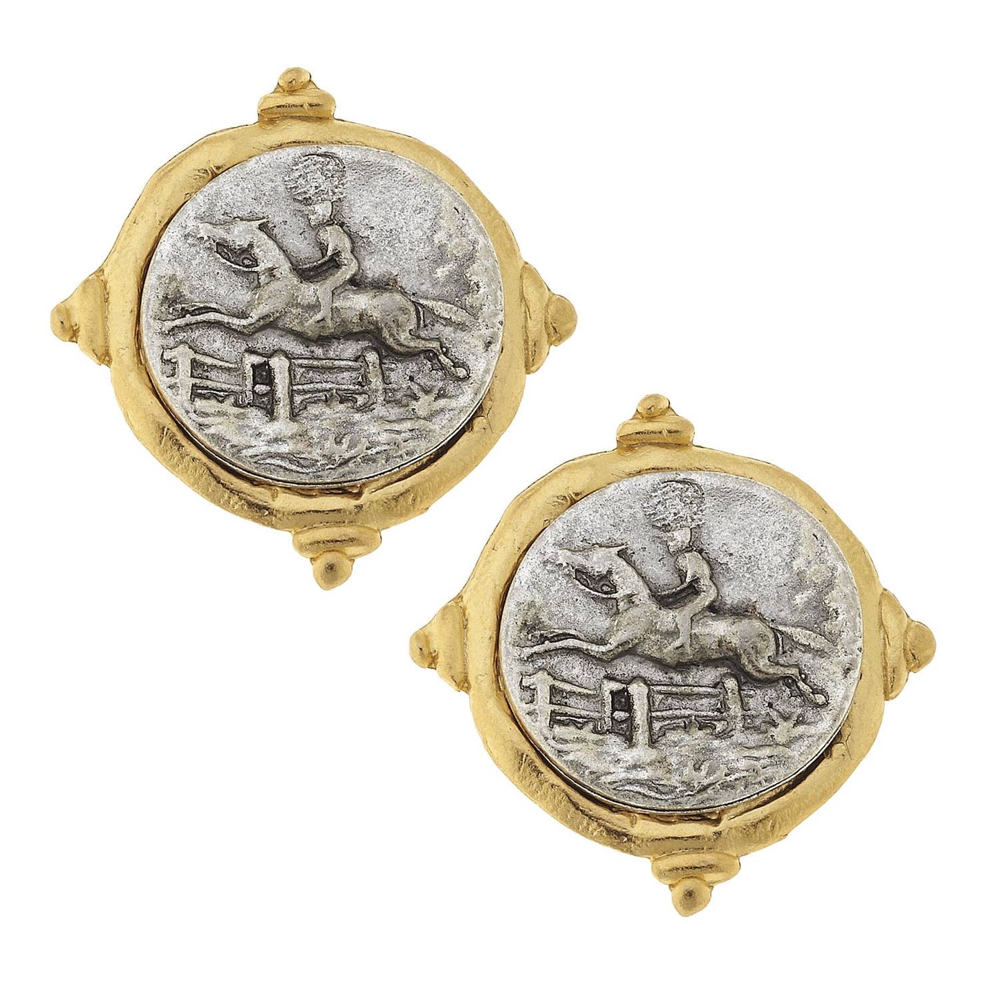 Gold and Silver Italian Intaglio Equestrian Pierced Earrings
