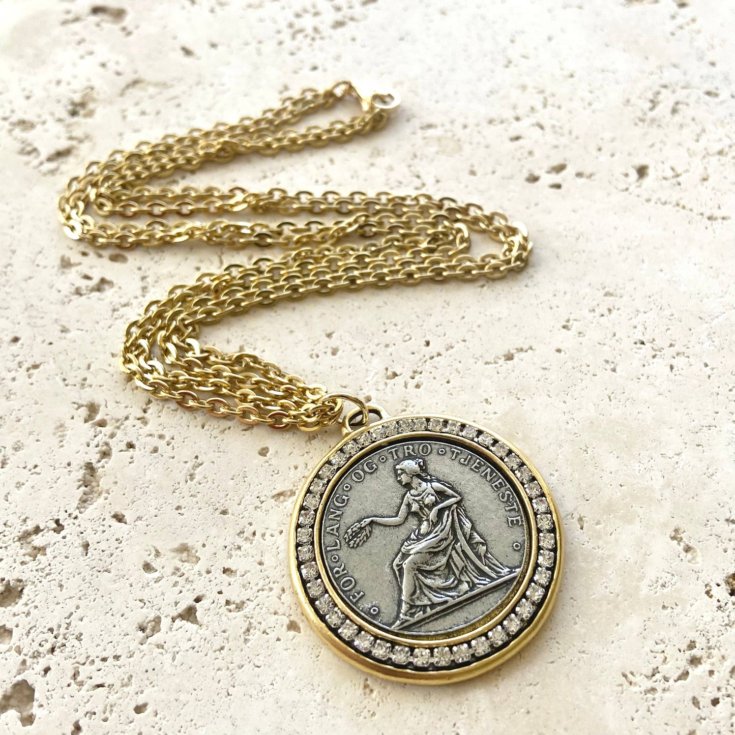Coin necklace, Norway, medallion jewelry, boutique salon