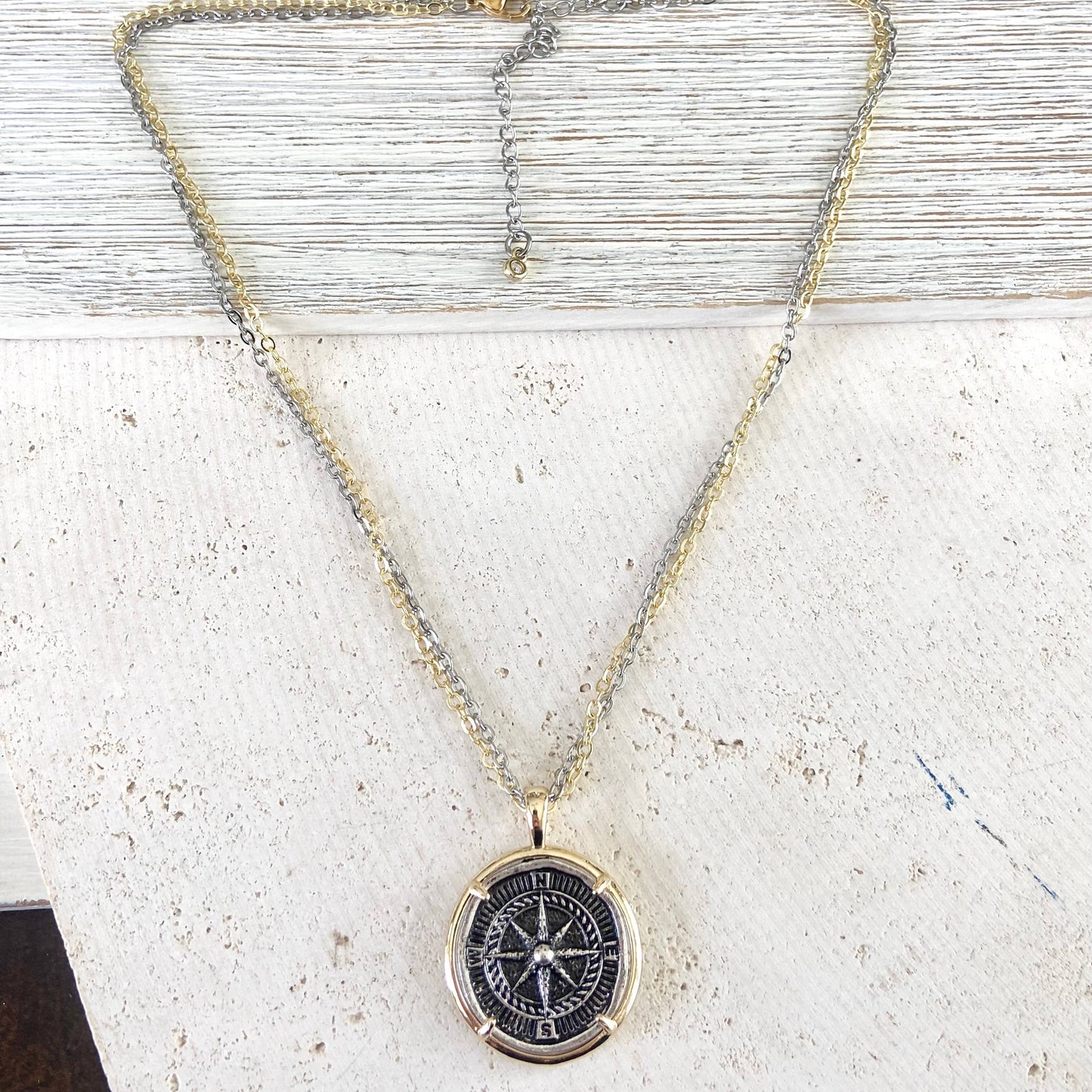 Compass coin necklace travel souvenir non tarnishing jewelry