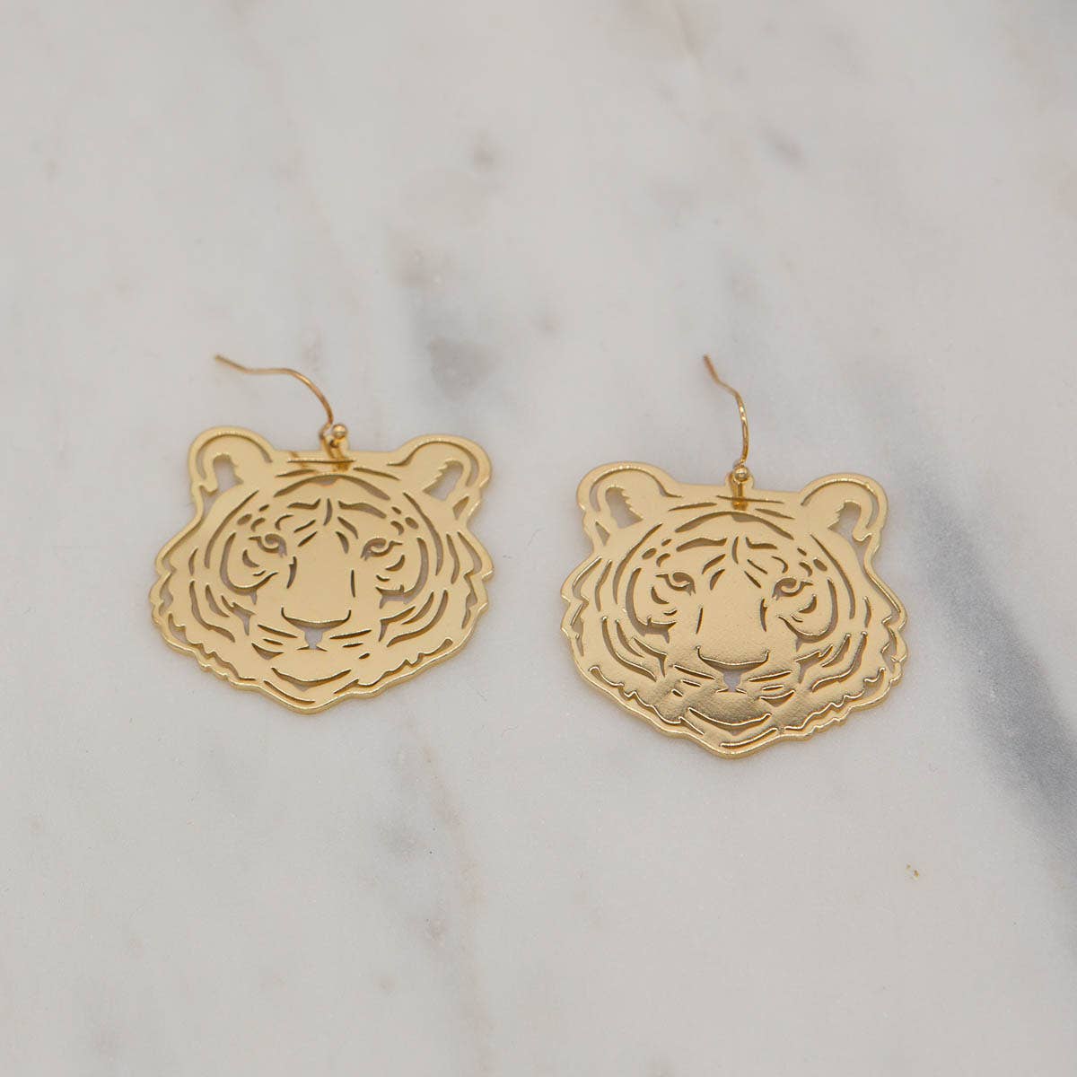 Tiger Face Earrings Gold 1.5"