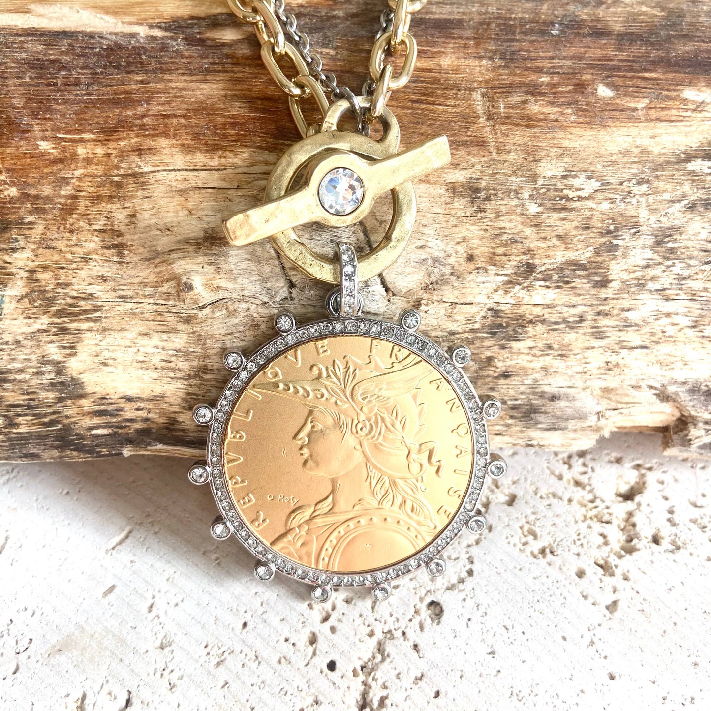 French coin medallion necklace boutique jewelry mixed metal
