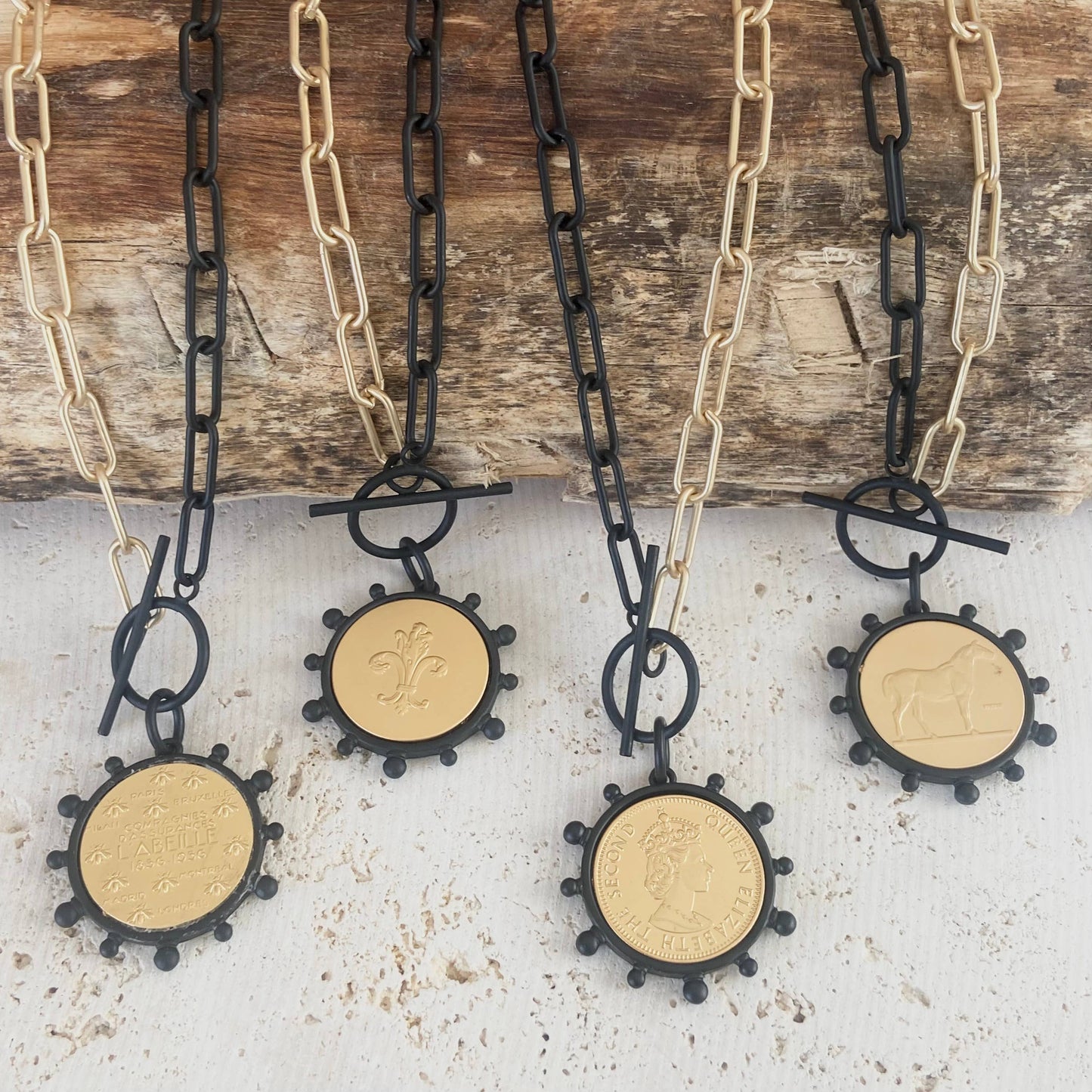 Mixed metal bee queen fleur de lis horse coin jewelry