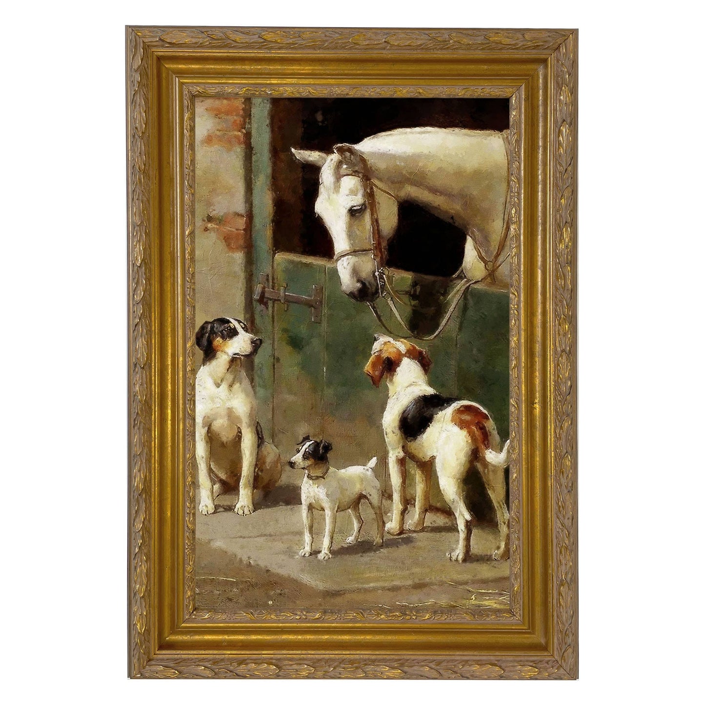 Dog and Horse at Stable Framed Painting Print on Canvas