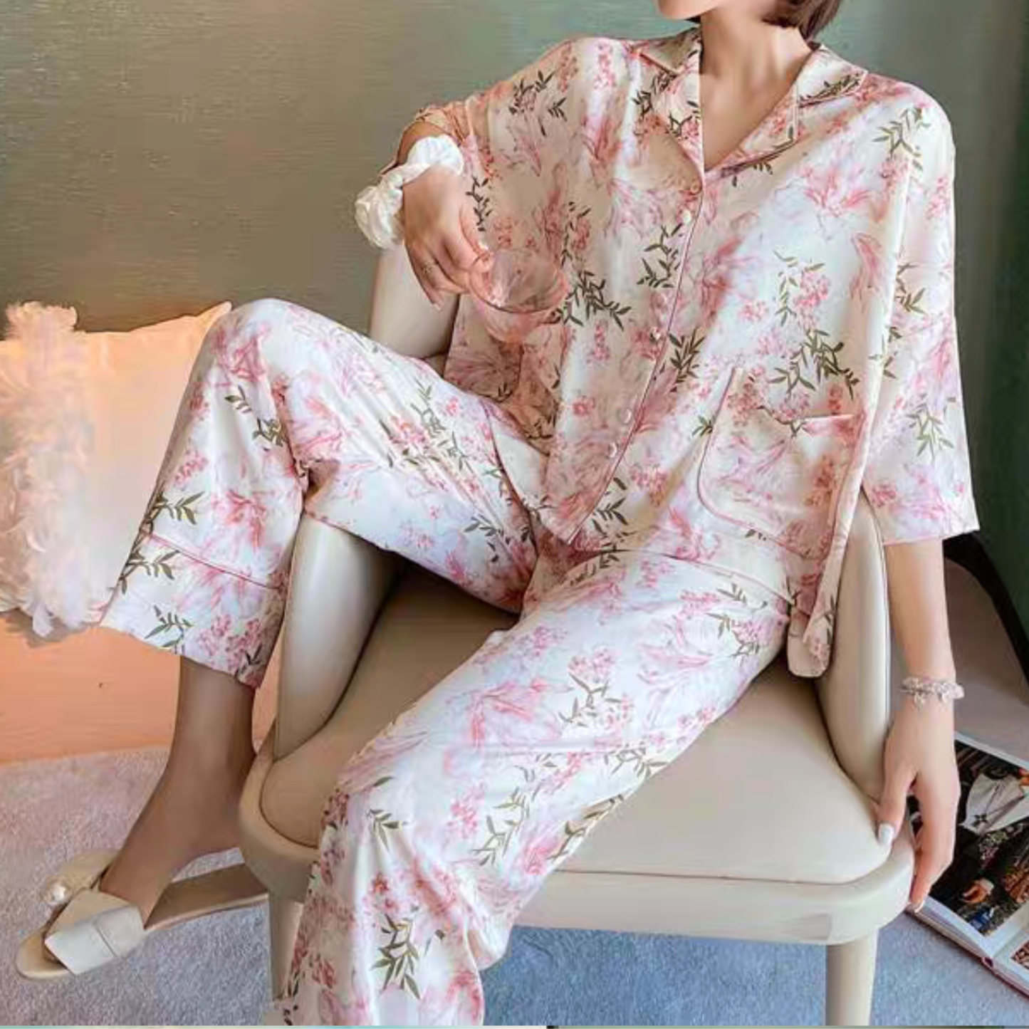 Floral Satin Pajama Set – Premium Ice Silk Feel with Pockets