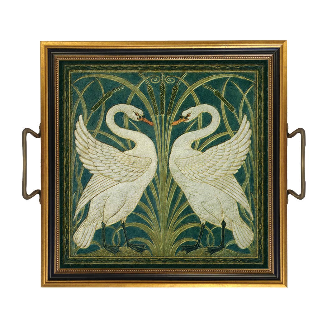 Two White Swans Decorative Tray with Brass Handles