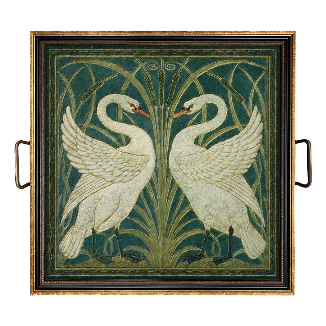 Two White Swans Decorative Tray with Brass Handles