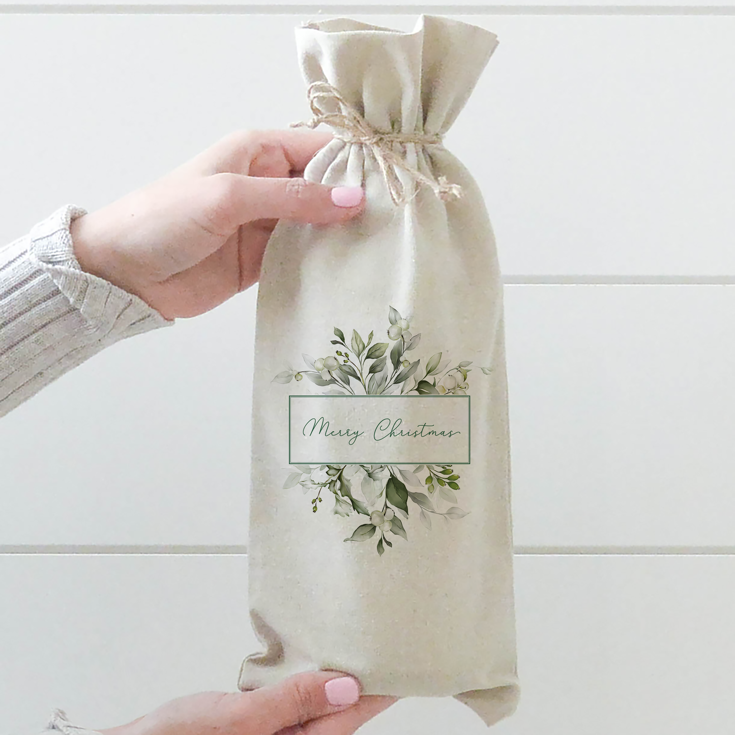 Merry Christmas Greenery Wine Bag