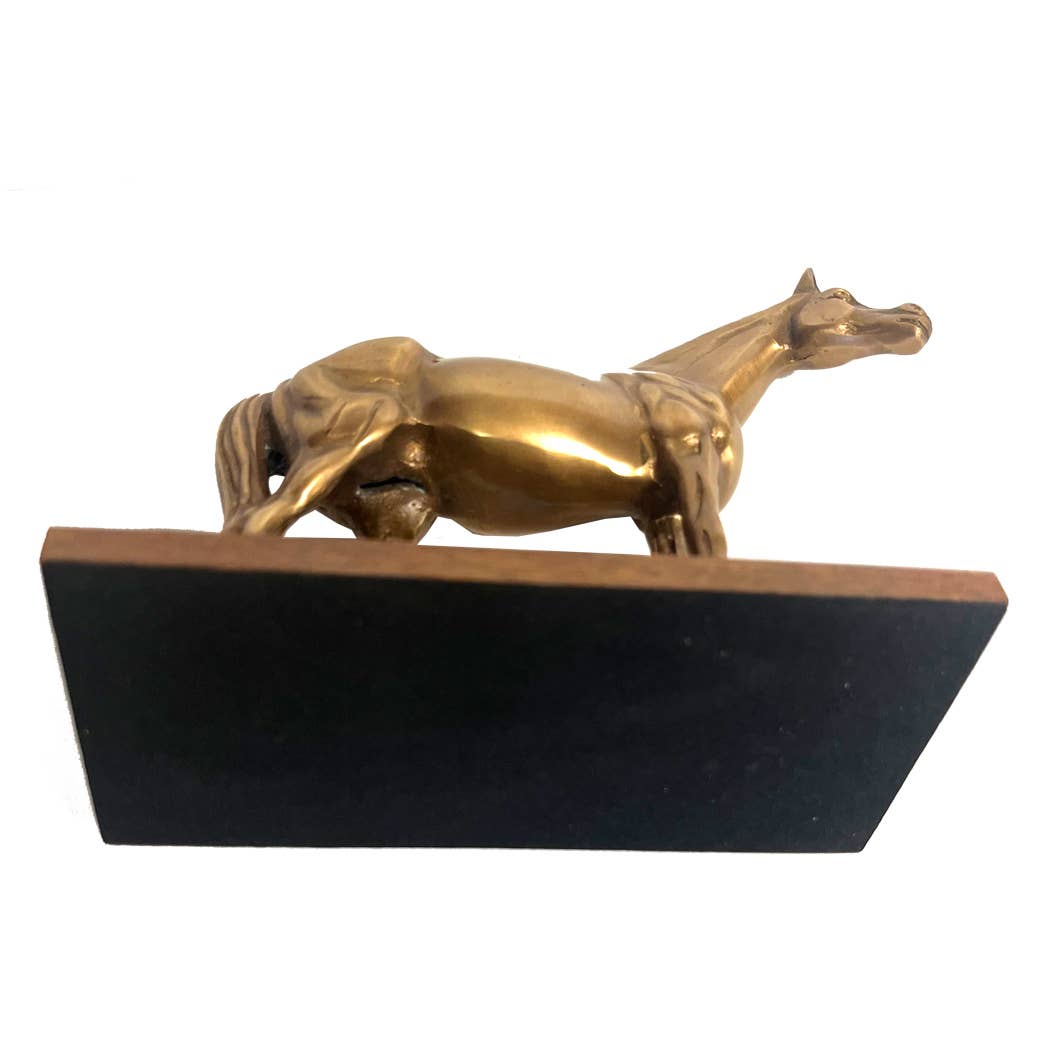 Antiqued Brass Horse on Wood Stand