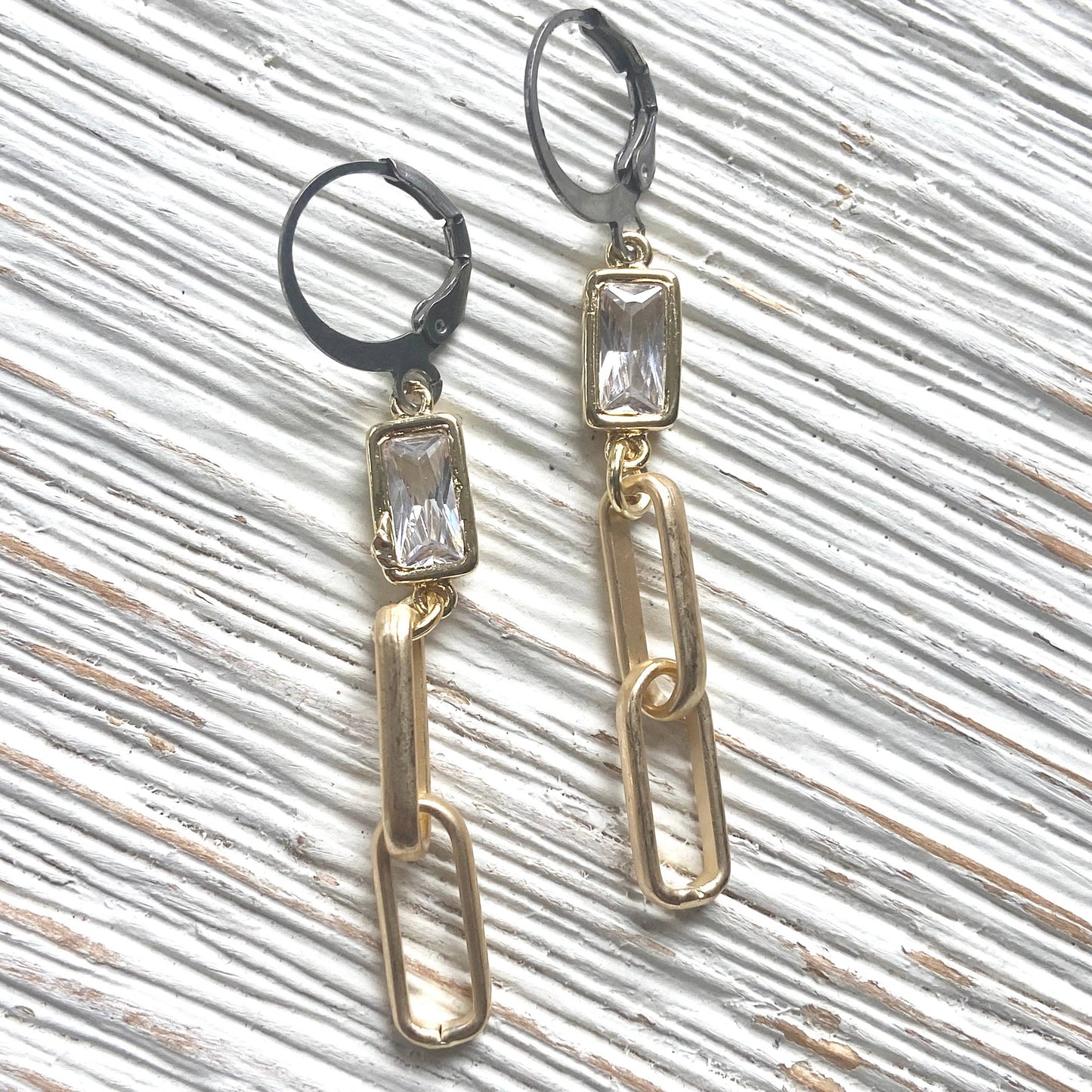 Matte gold paperclip earrings with crystal