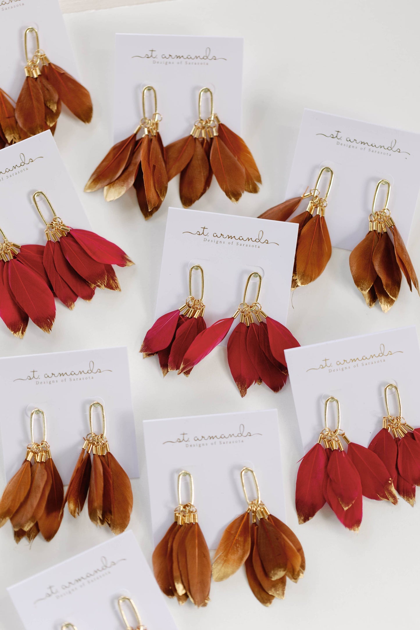 Garnet Gold Dipped Fall Feather Statement Earrings