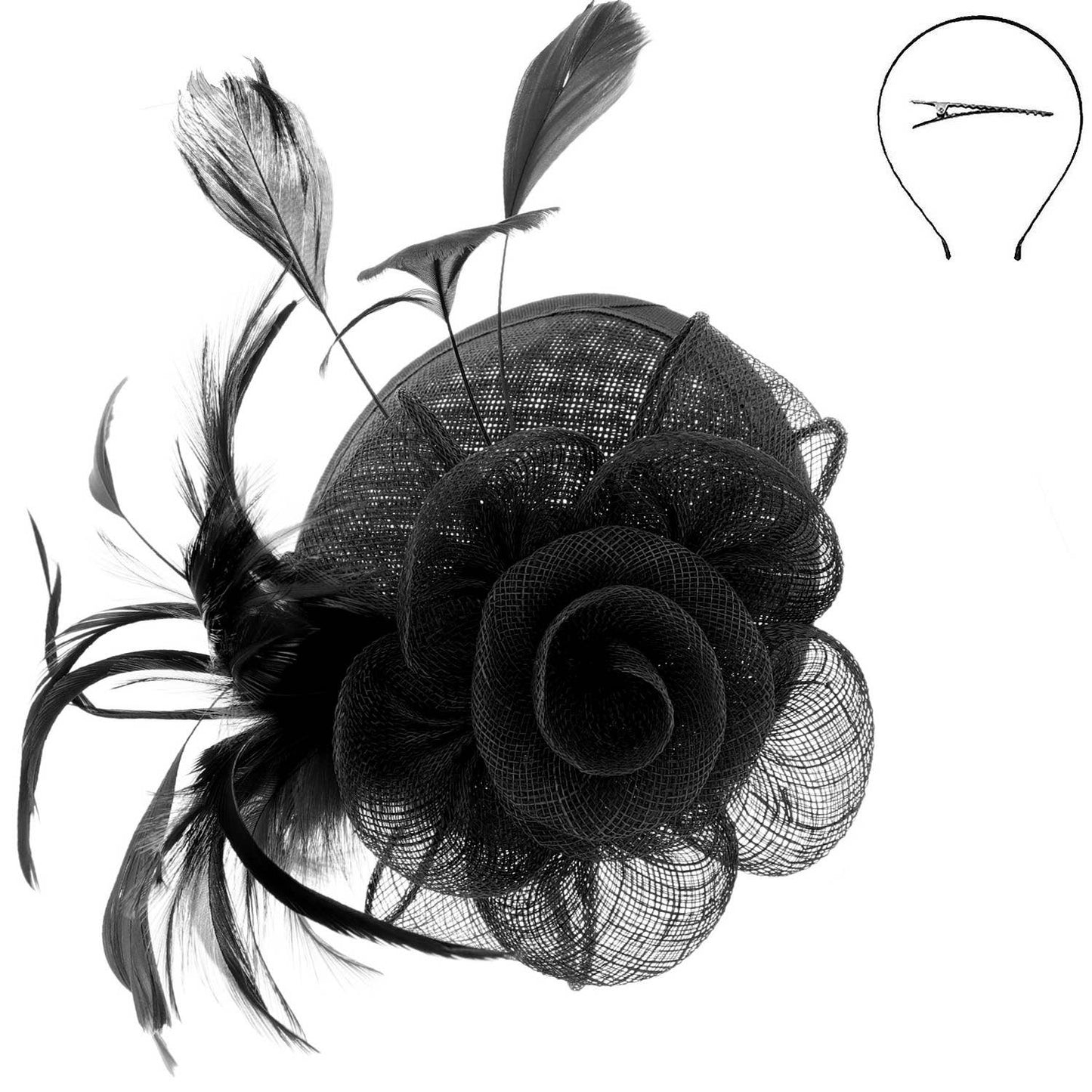 Floral Mesh w/ Feathers Fascinator & Detachable Headband
