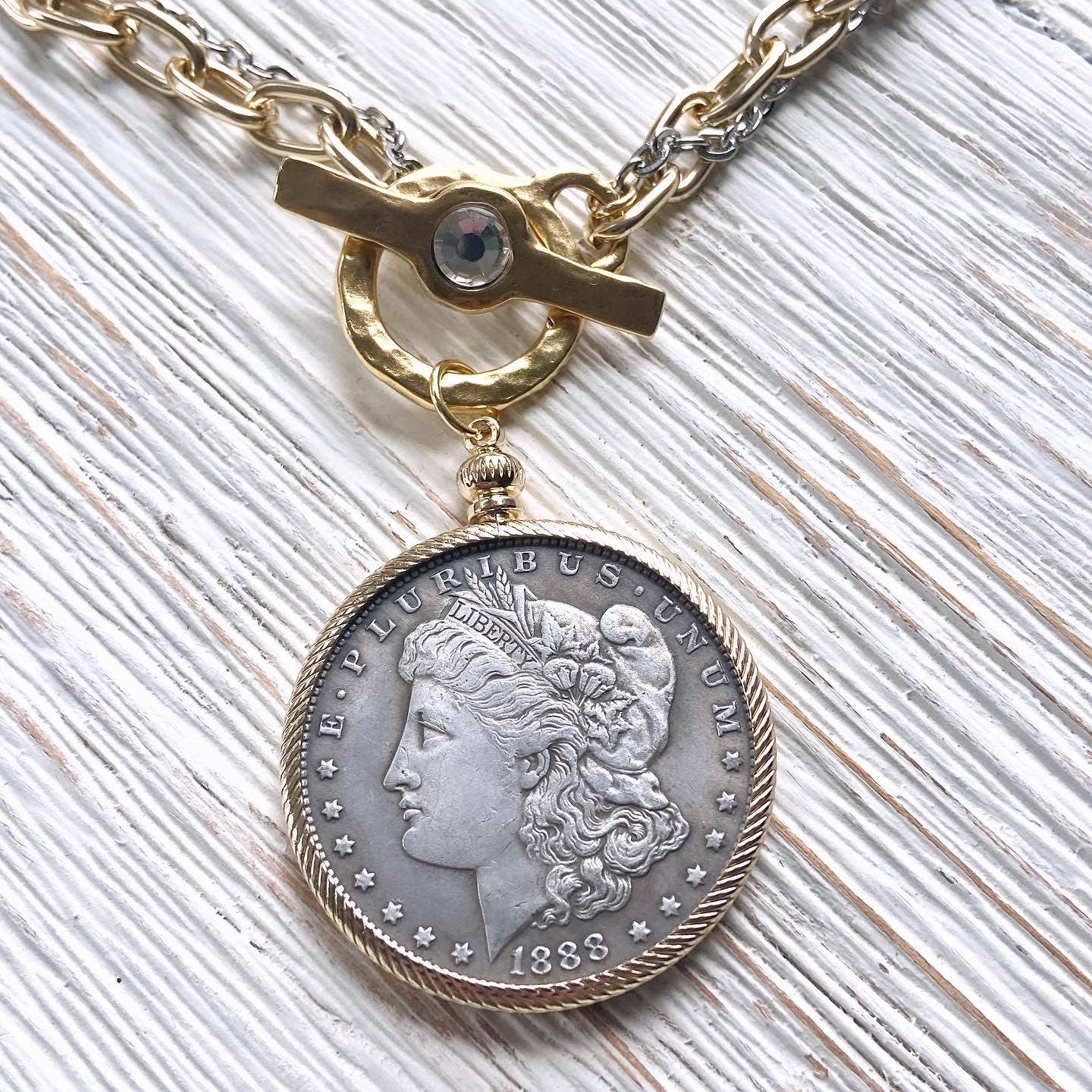 Coin necklace boutique jewelry crystal handmade mixed metal