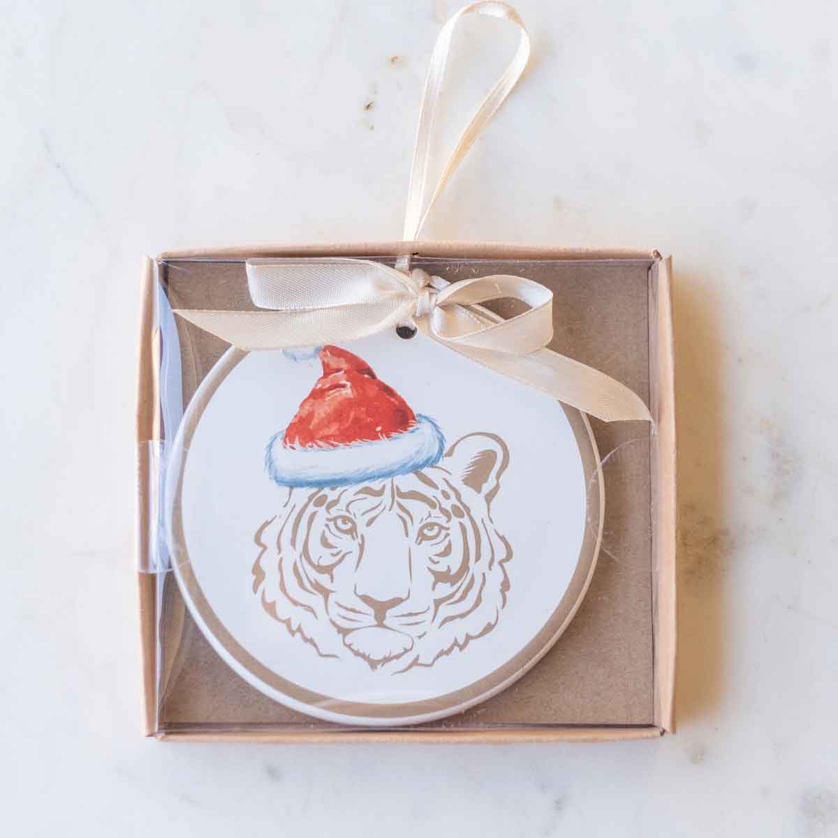 Tiger Santa Hat Ornament White/Gold/Red 4"