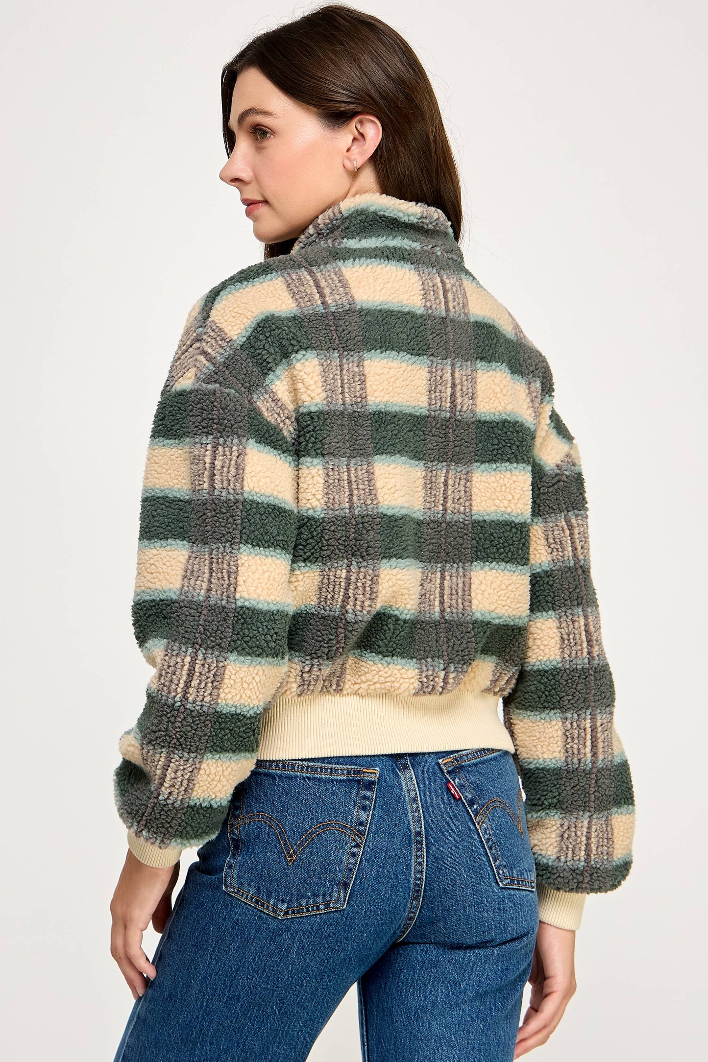 PLAID SHERPA JACKET-CREAM FOREST