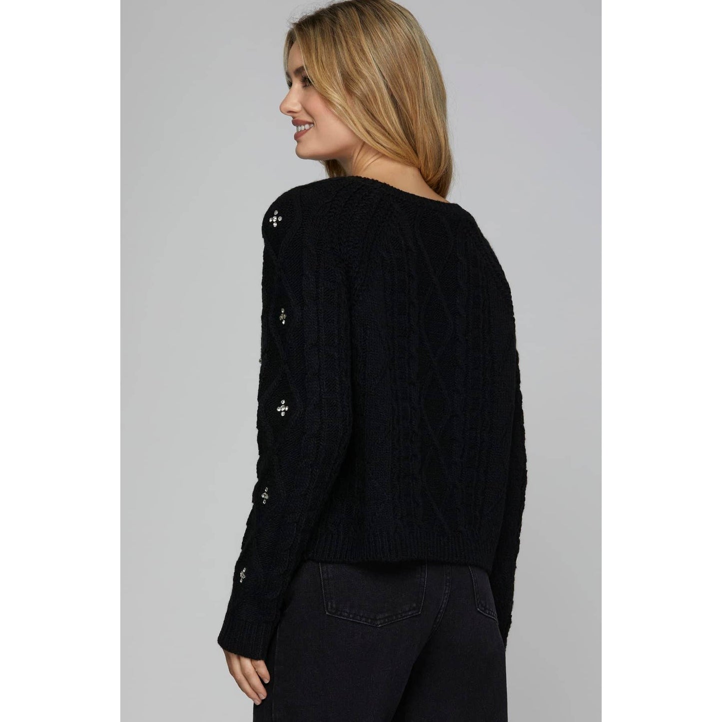 Cable Long Sleeve Knit Sweater Top with Rhinestone