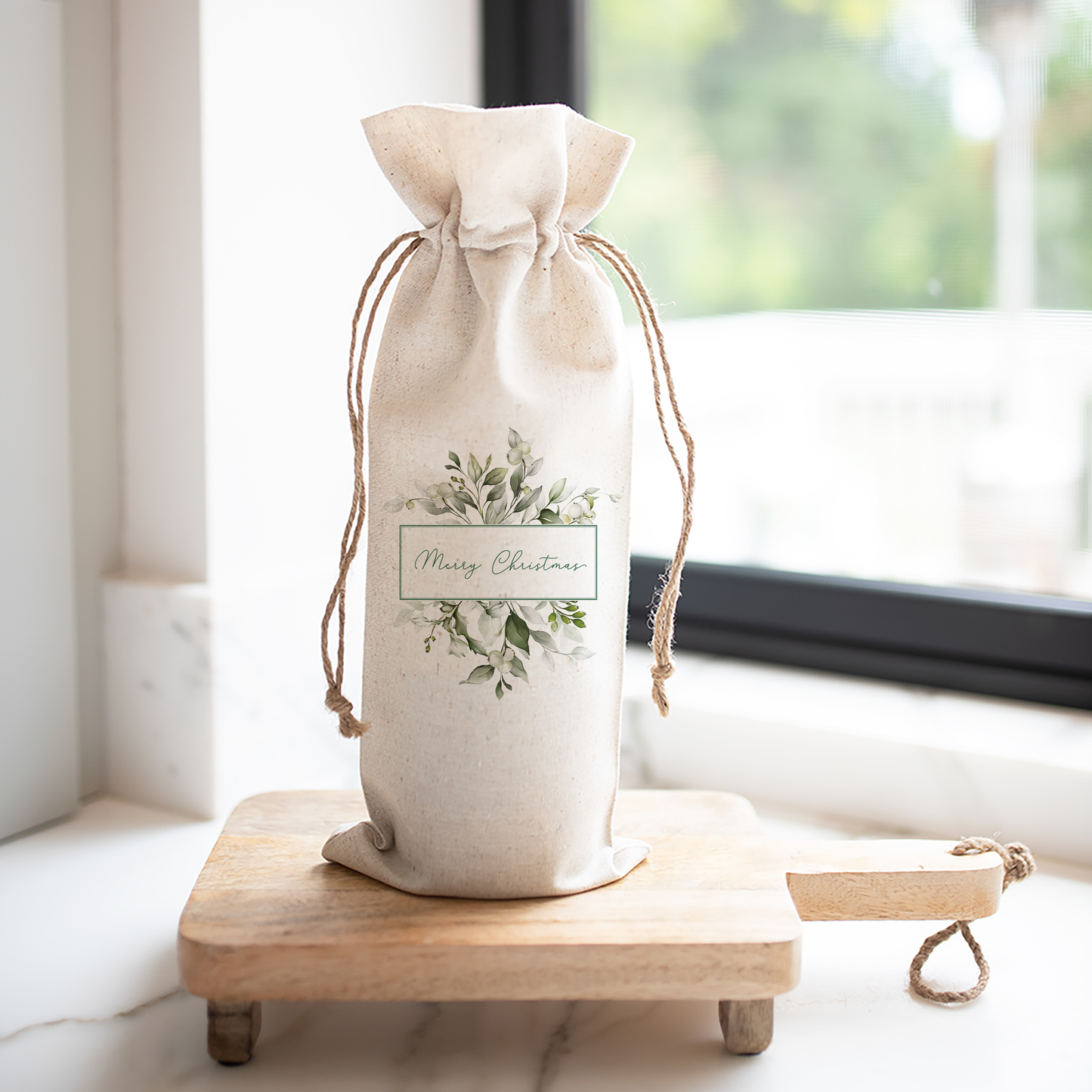 Merry Christmas Greenery Wine Bag