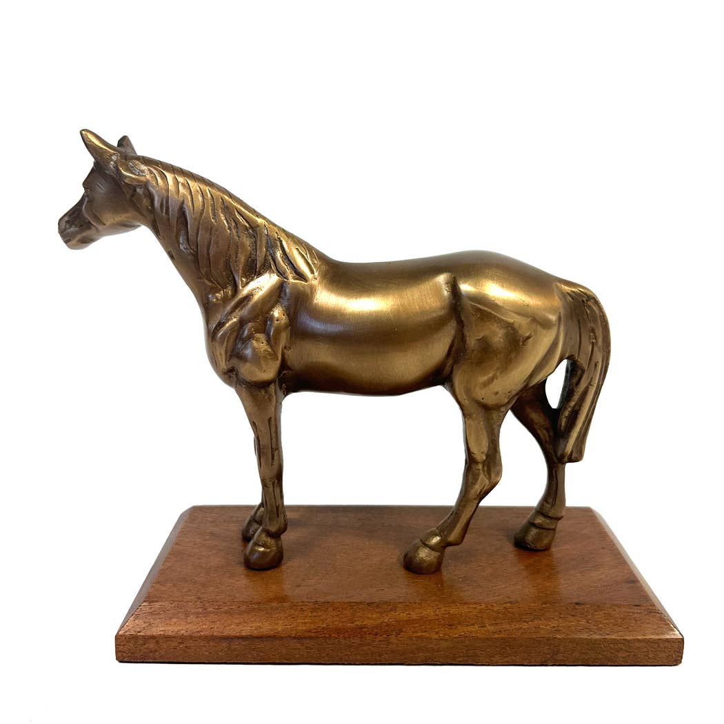 Antiqued Brass Horse on Wood Stand