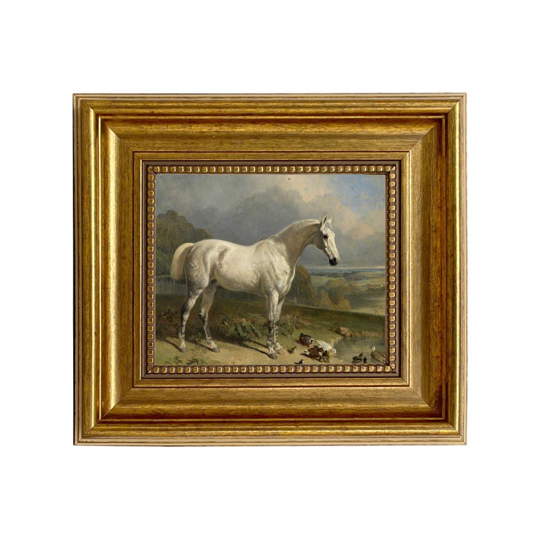 Gray Horse with Ducks Vintage  Painting Print on Canvas