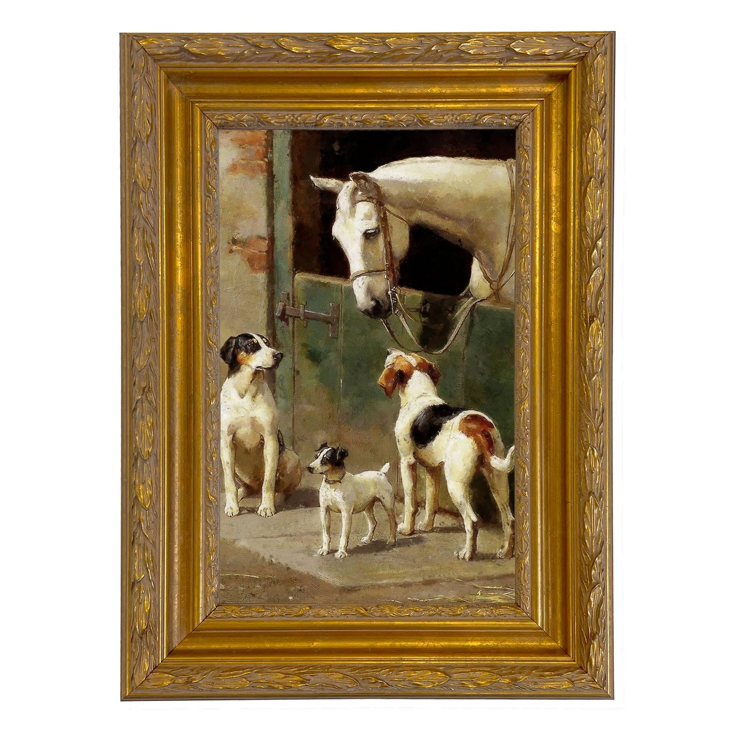 Dog and Horse at Stable Framed Painting Print on Canvas