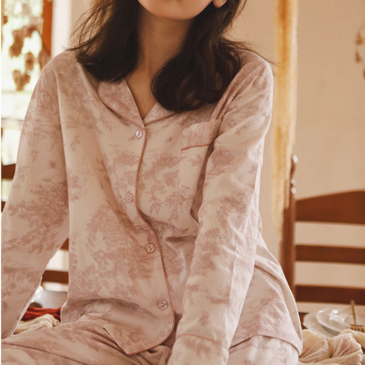 Pink Toile Women Pajamas Set – Summer Cotton Loungewear 