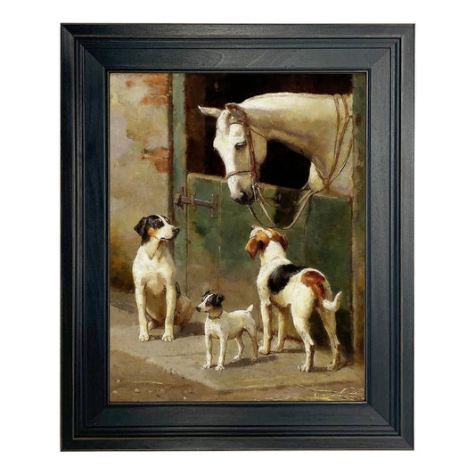 Dog and Horse at Stable Framed Painting Print on Canvas