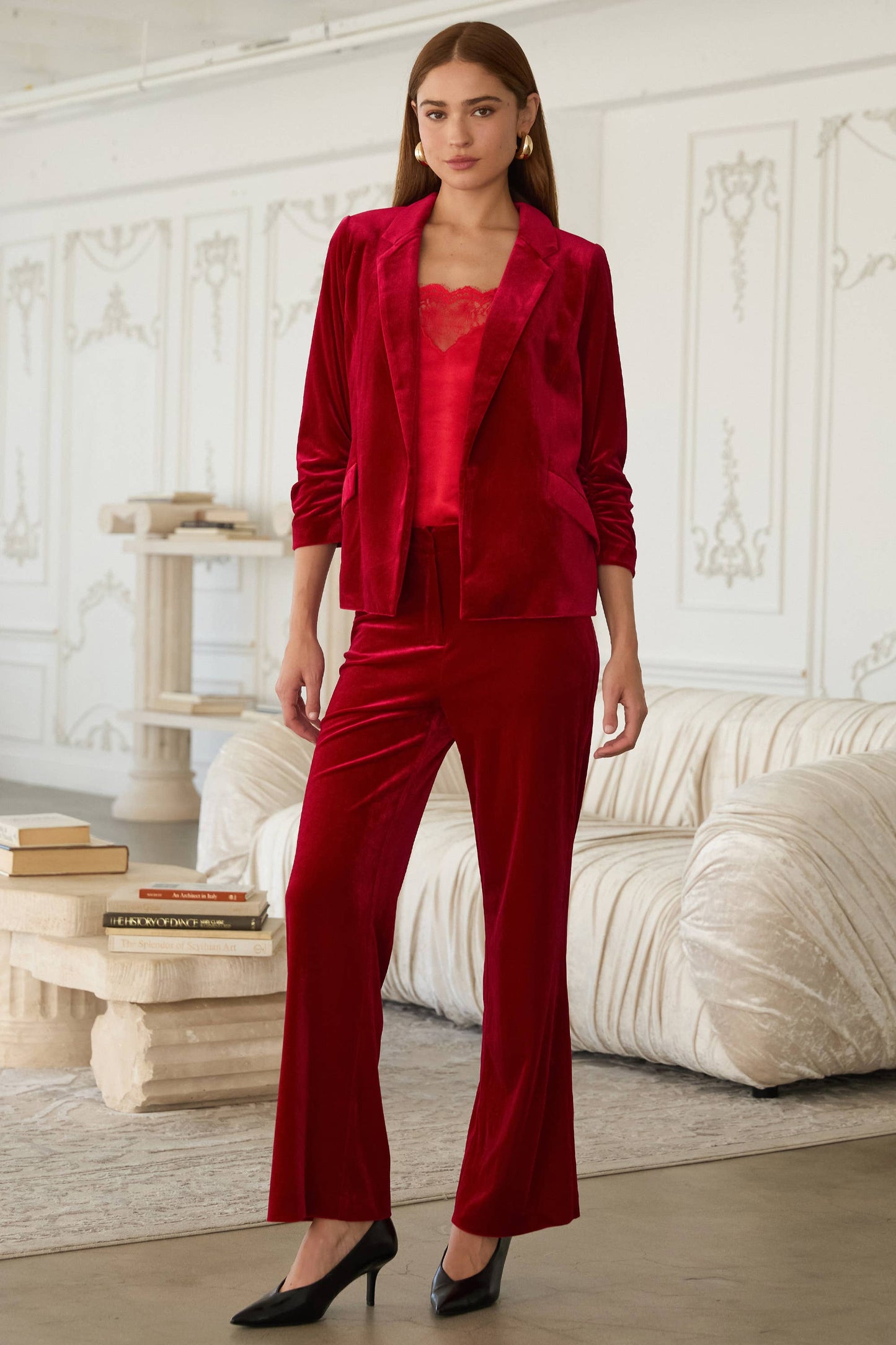 Velvet Blazer with Ruched Sleeves
