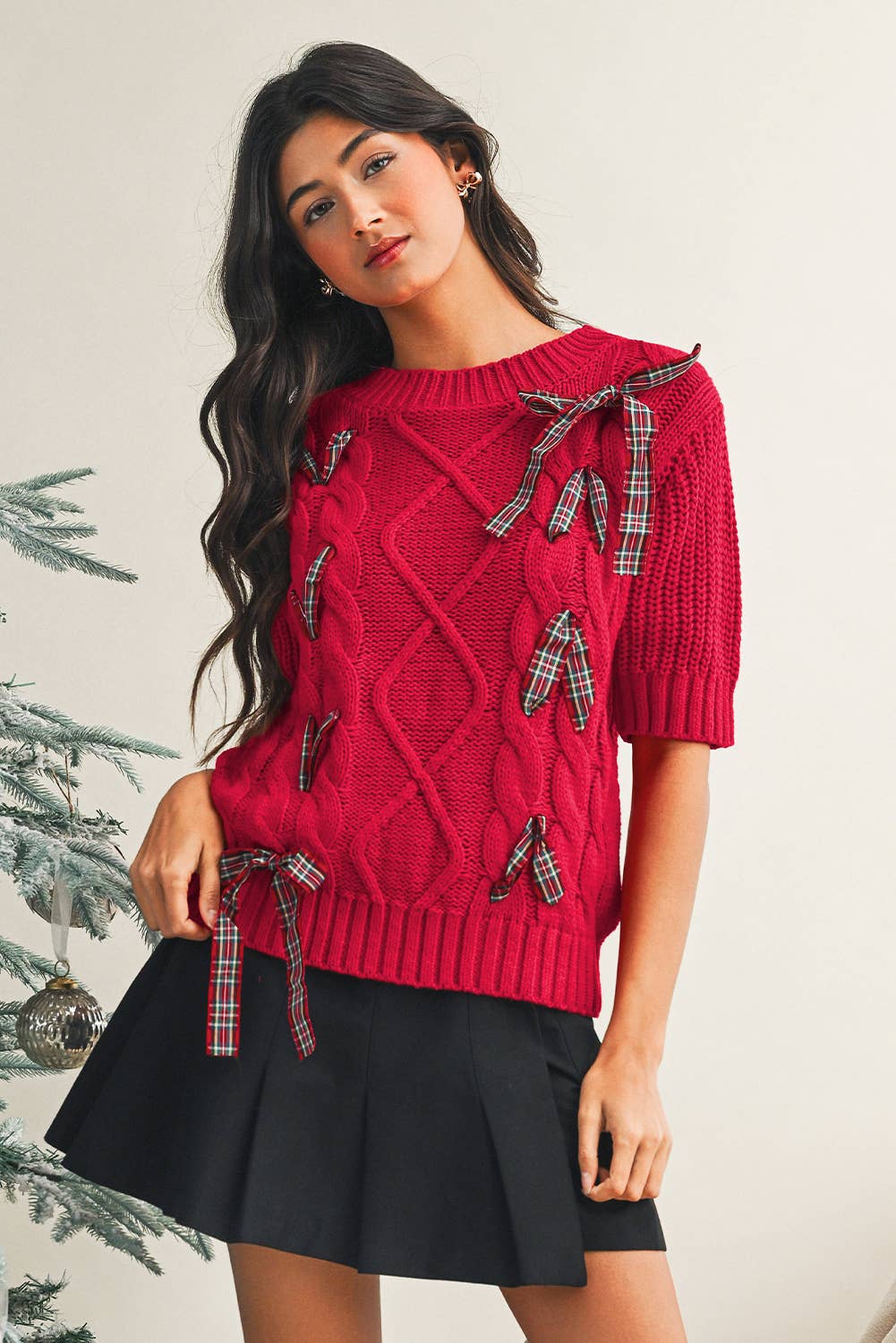 LDC Cable Knit Christmas Holiday Puff Short Sleeve Sweater