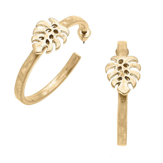 Monstera Leaf Hoop Earrings in Worn Gold