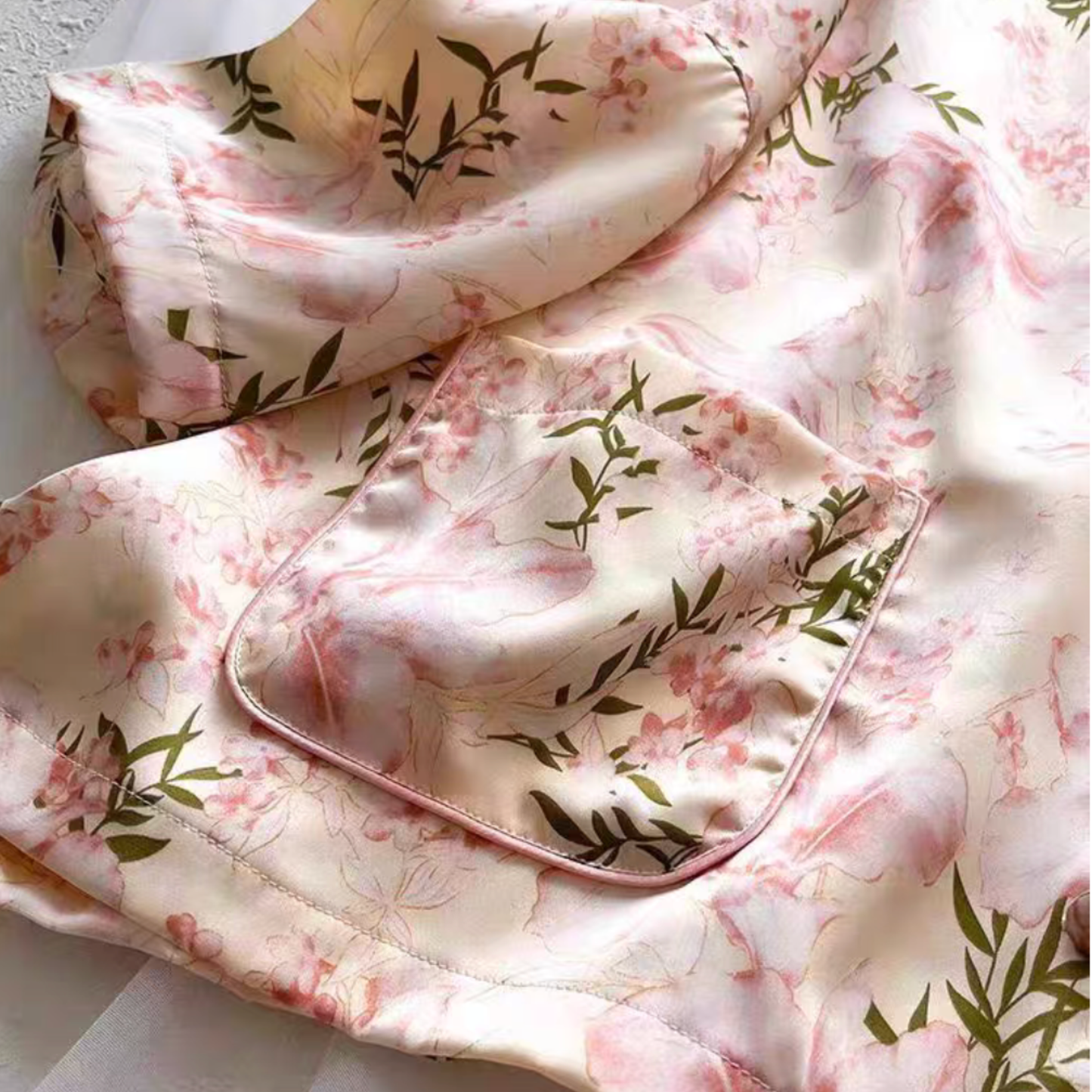 Floral Satin Pajama Set – Premium Ice Silk Feel with Pockets