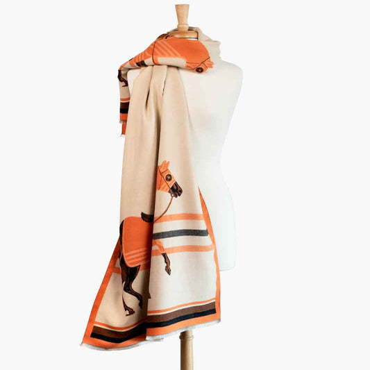 Cali -  Tangerine Equestrian Motif Luxe Shawl
