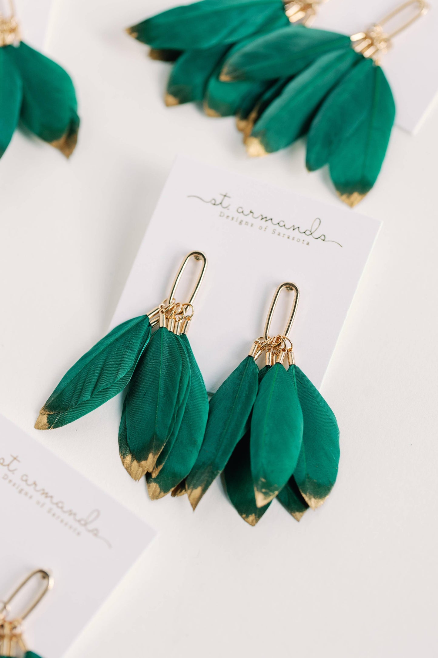 Emerald Gold Dipped Fall Feather Tassel Statement Earrings