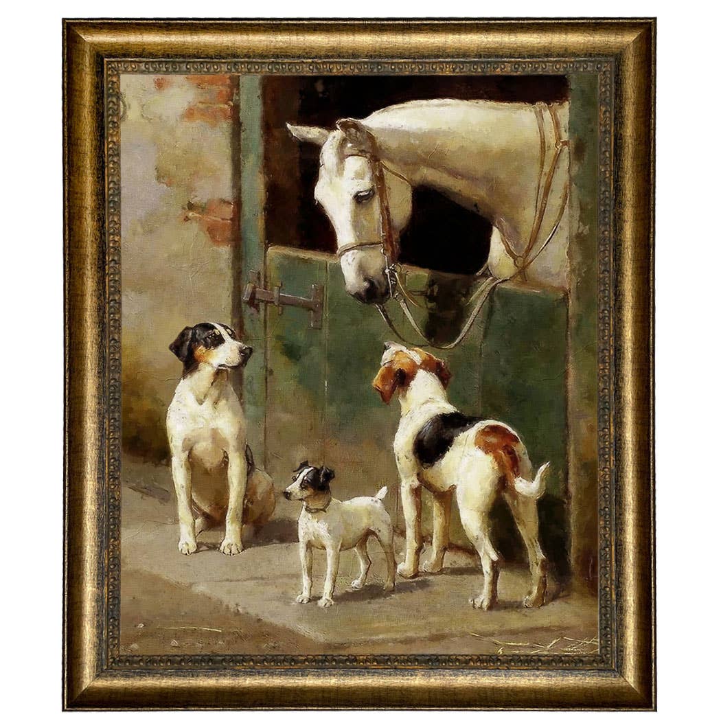 Dog and Horse at Stable Framed Painting Print on Canvas