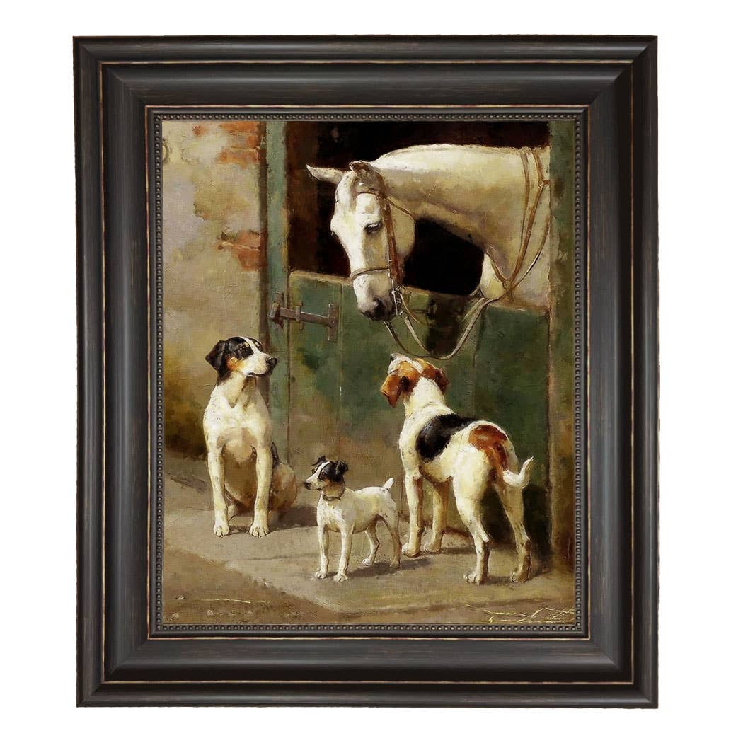 Dog and Horse at Stable Framed Painting Print on Canvas