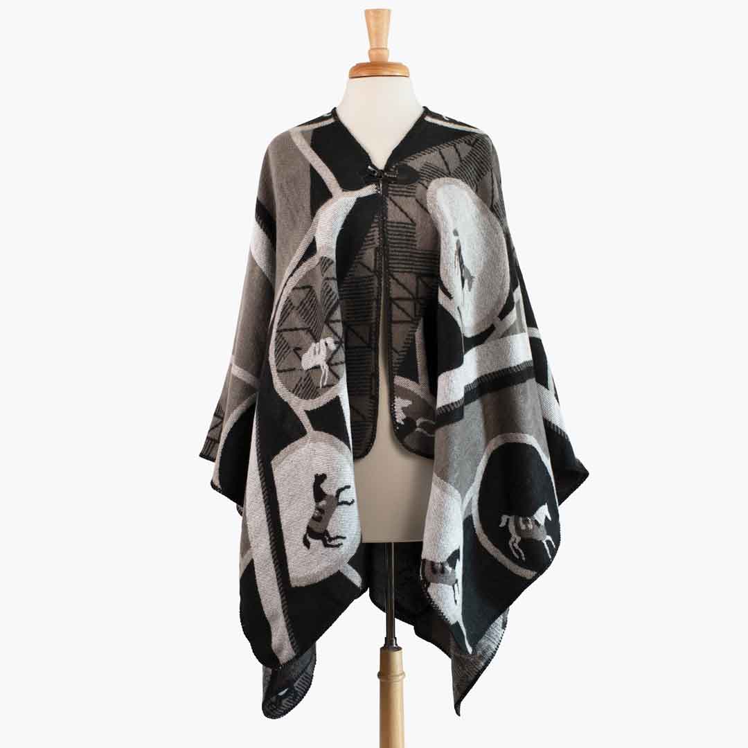 Adina -  Equestrian Motif Shawl in Charcoal Wrap