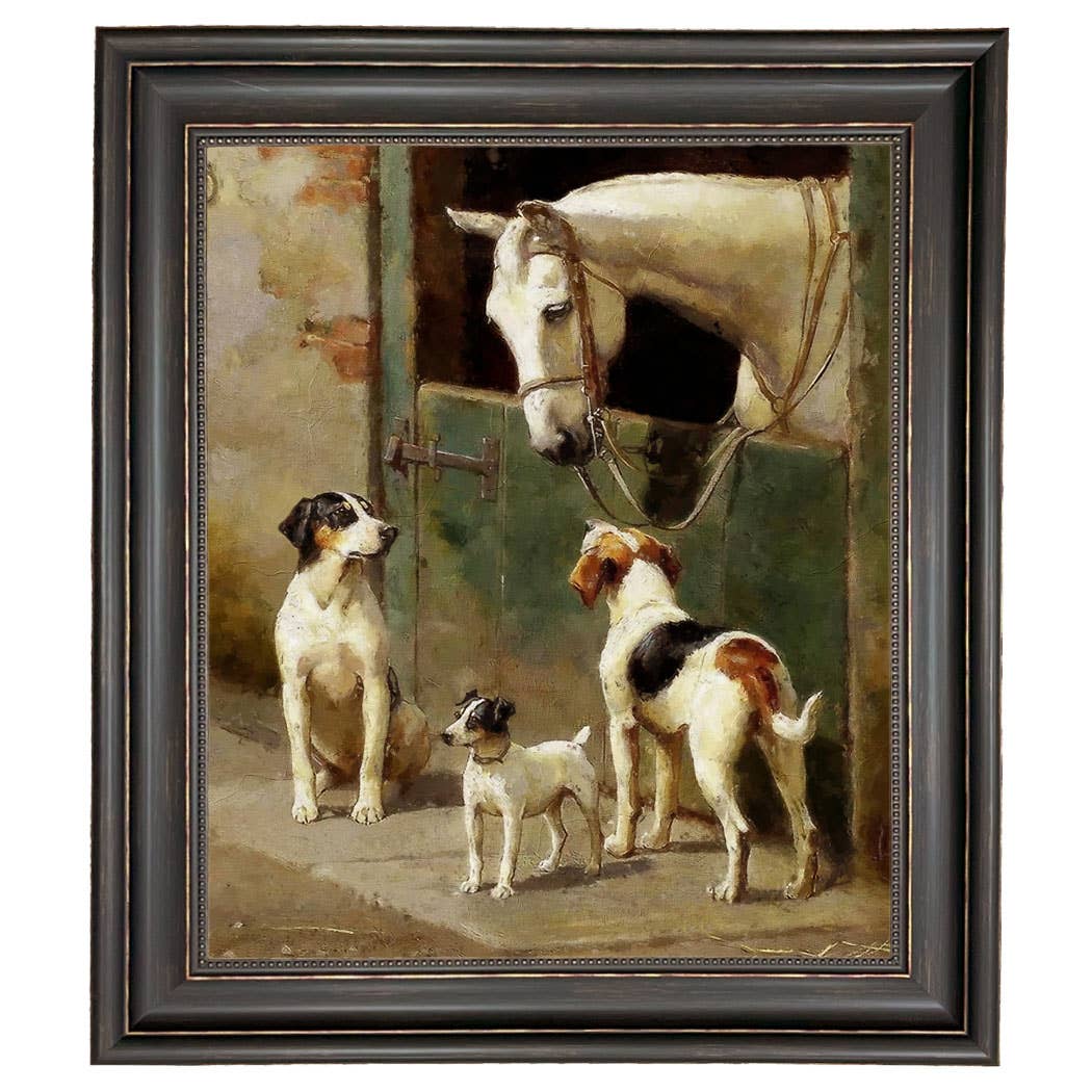 Dog and Horse at Stable Framed Painting Print on Canvas