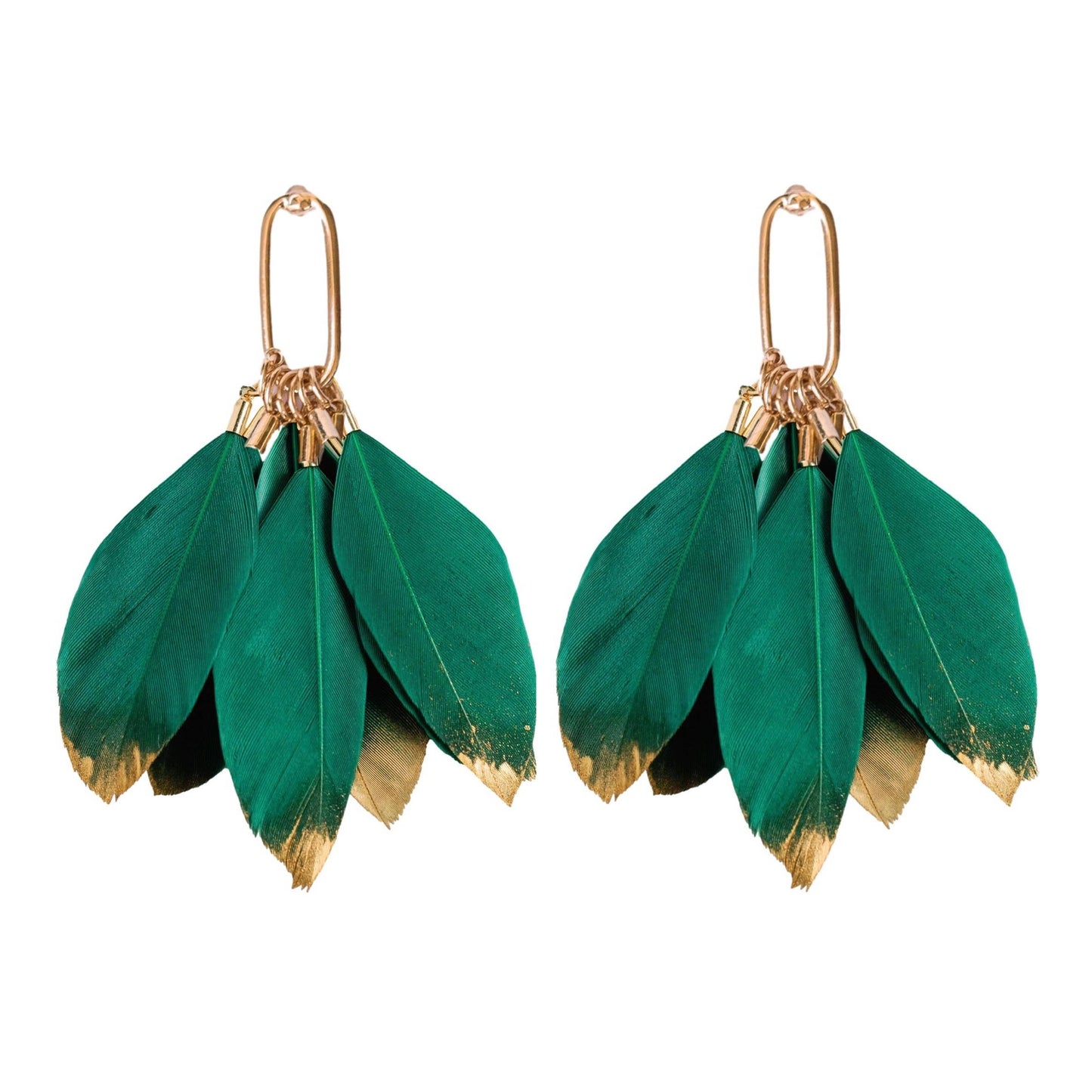 Emerald Gold Dipped Fall Feather Tassel Statement Earrings