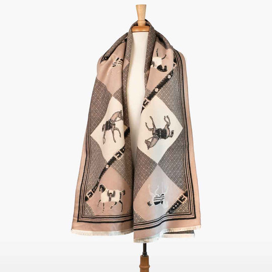 Della -  Taupe Equestrian Motif Luxe Shawl