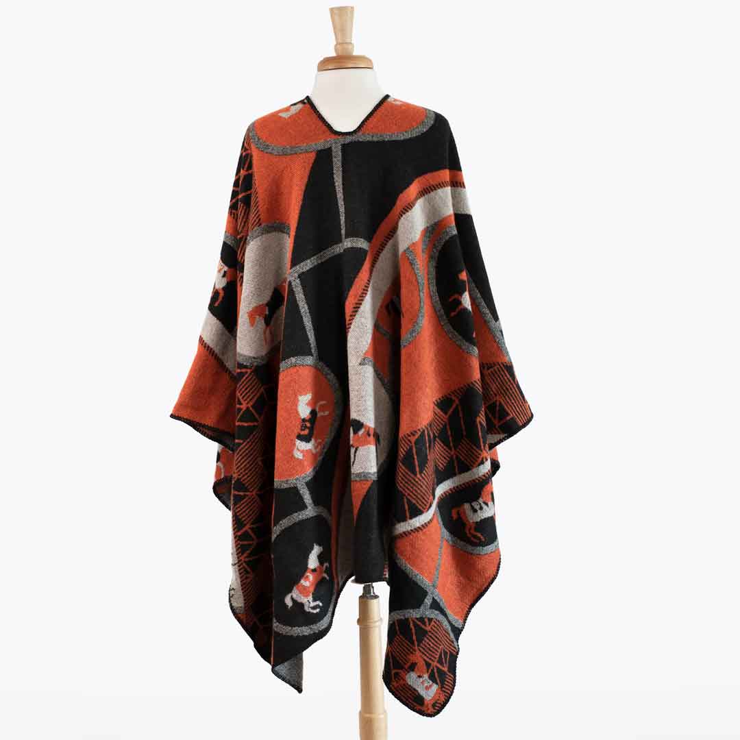 Adina -  Equestrian Motif Shawl in Tangerine, Charcoal and Black Luxe Wrap