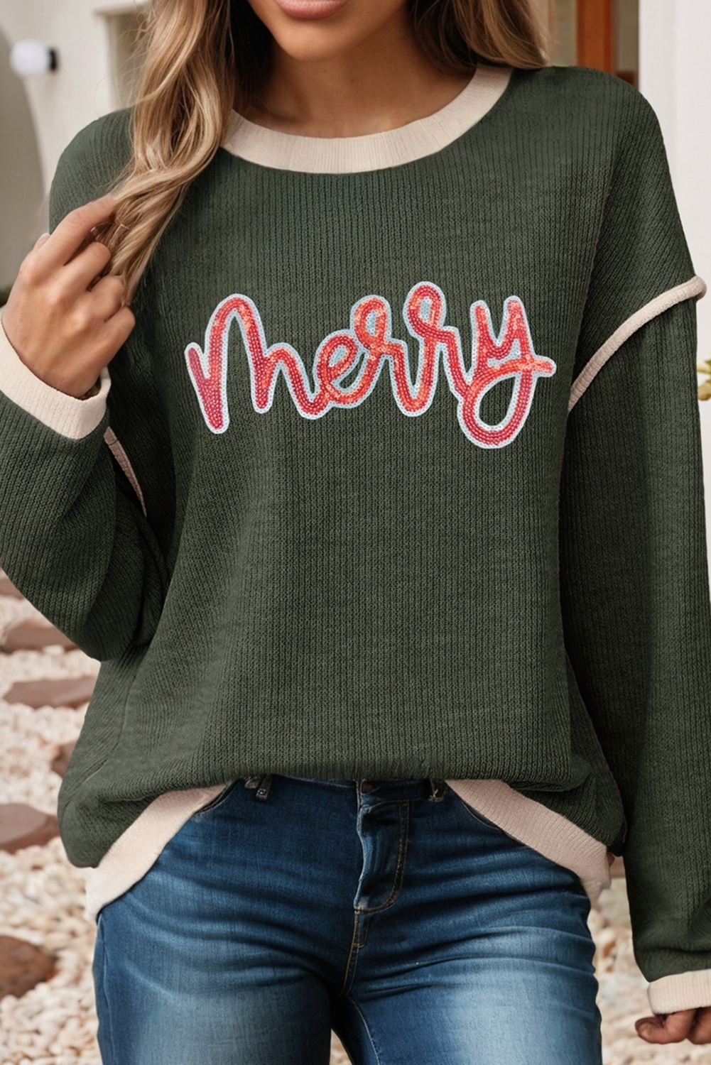 LDC Merry Graphic Contrast Trim Christmas Knitted Top