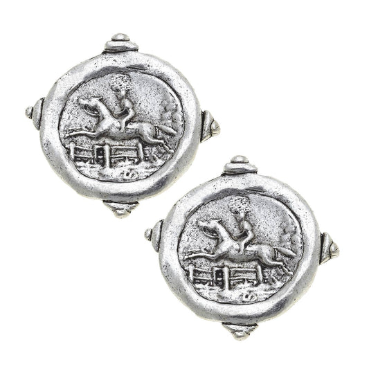 Silver Equestrian Intaglio Pierced Earrings