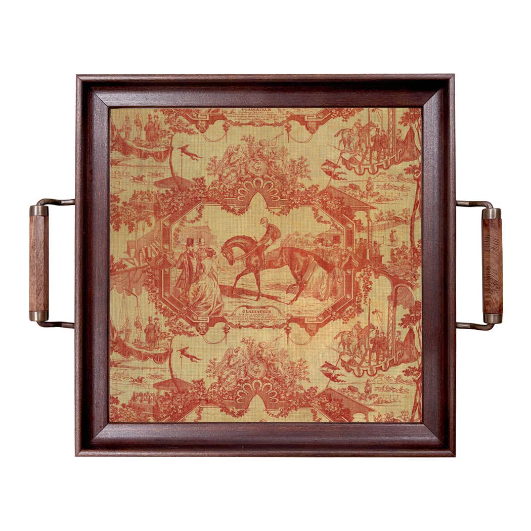 Vintage Style Red Toile Equestrian Fabric Print Wood Tray