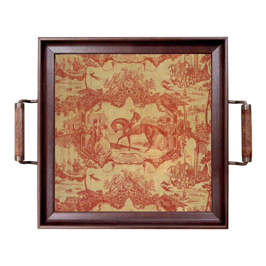 Vintage Style Red Toile Equestrian Fabric Print Wood Tray