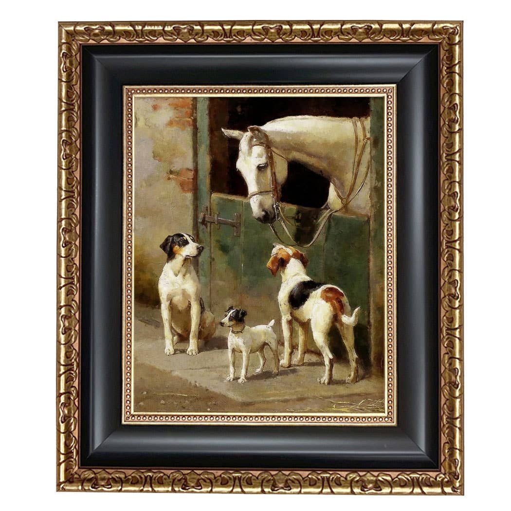 Dog and Horse at Stable Framed Painting Print on Canvas