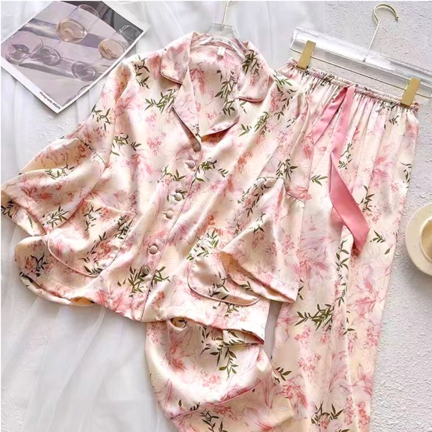 Floral Satin Pajama Set – Premium Ice Silk Feel with Pockets
