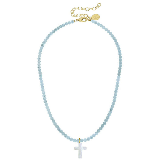 Light Blue Alys Pearl Cross Necklace