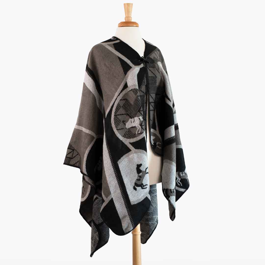 Adina -  Equestrian Motif Shawl in Charcoal Wrap