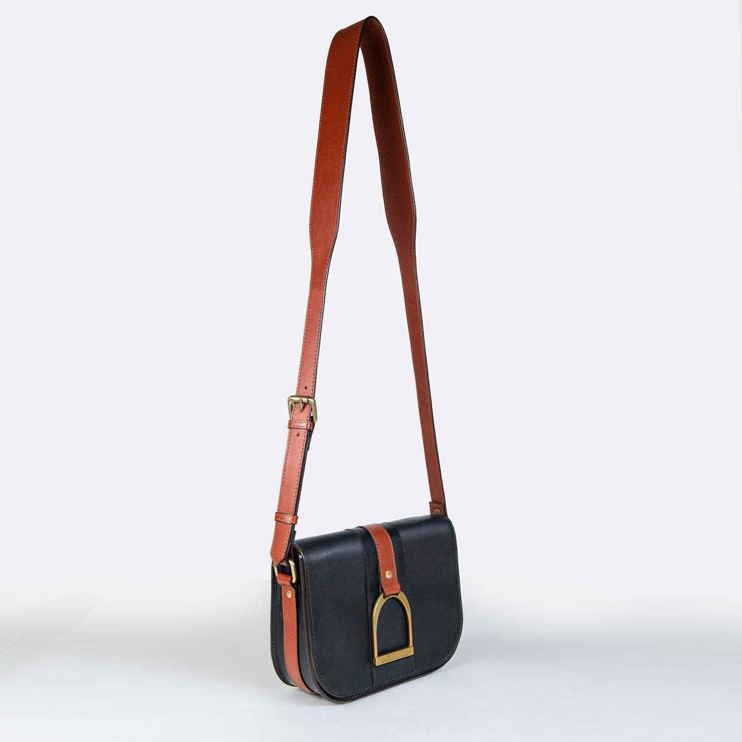 Signature Stirrup - Riding Stirrup Crossbody Luxury Leather Handbag in Cognac on Black